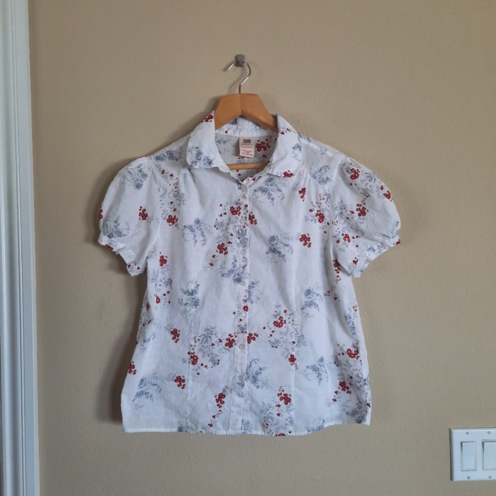 Faded Glory Y2k White Floral Button Down Puff Sleeve Cottage Cottagecore